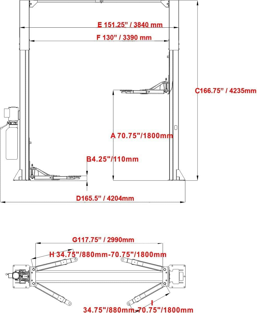 12000 Lbs Extra Height 167Inch 2 Post Lift Two Post Car Lift AK-M120 Auto Lift Car Lift Hoist 2 Post Car Lift (Extra Height, Red) — product view 9