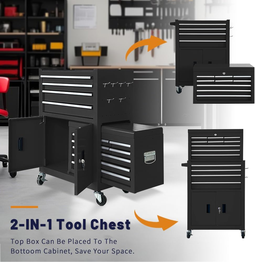 13-Drawer Rolling Tool Chest with Double Doors, 2 in 1 Detachable Rolling Tool Chest with Drawers, Mobile Tool Cabinet Combo, Metal Large Lockable Tool Box for Garage Workshop (Black) — product view 3