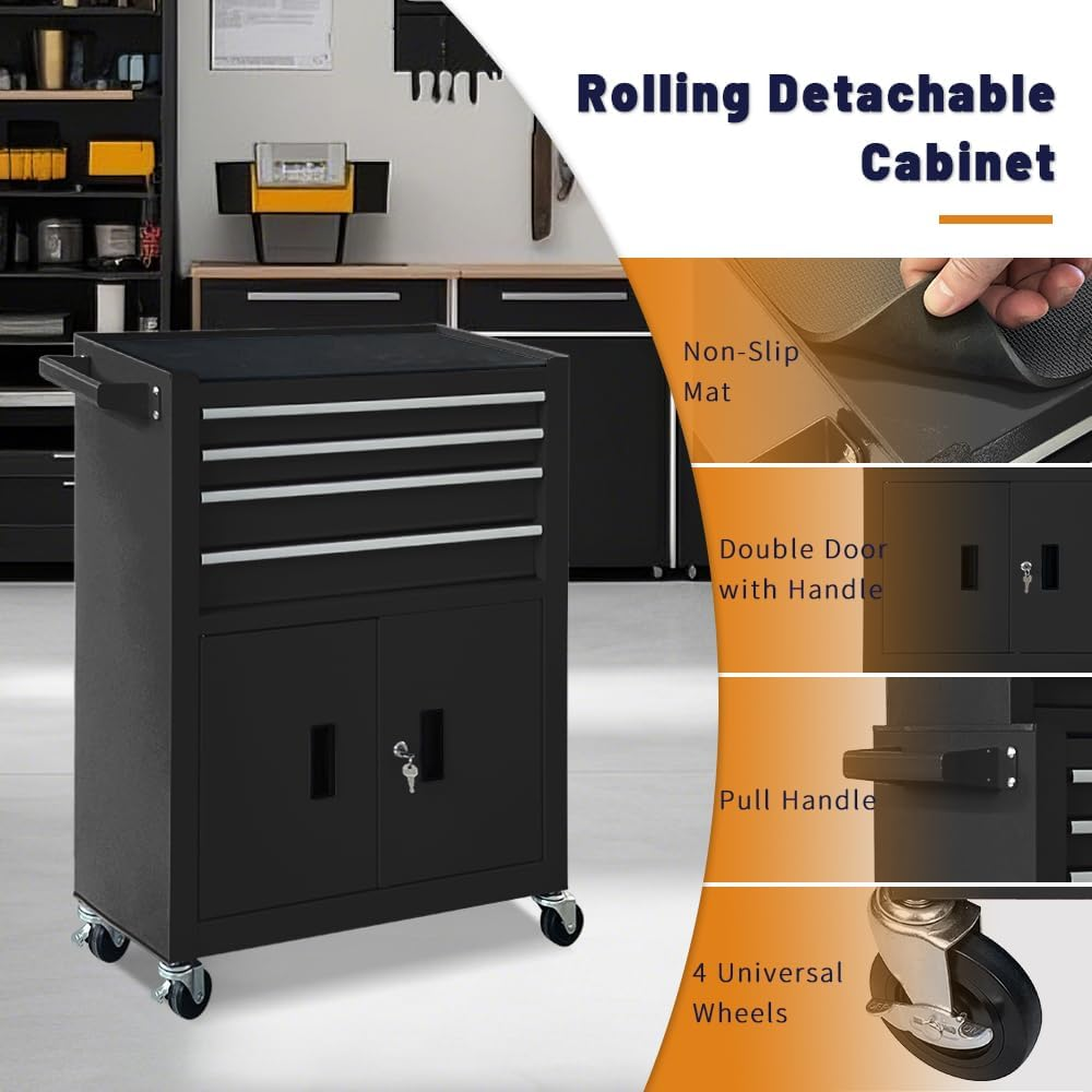 13-Drawer Rolling Tool Chest with Double Doors, 2 in 1 Detachable Rolling Tool Chest with Drawers, Mobile Tool Cabinet Combo, Metal Large Lockable Tool Box for Garage Workshop (Black) — product view 4