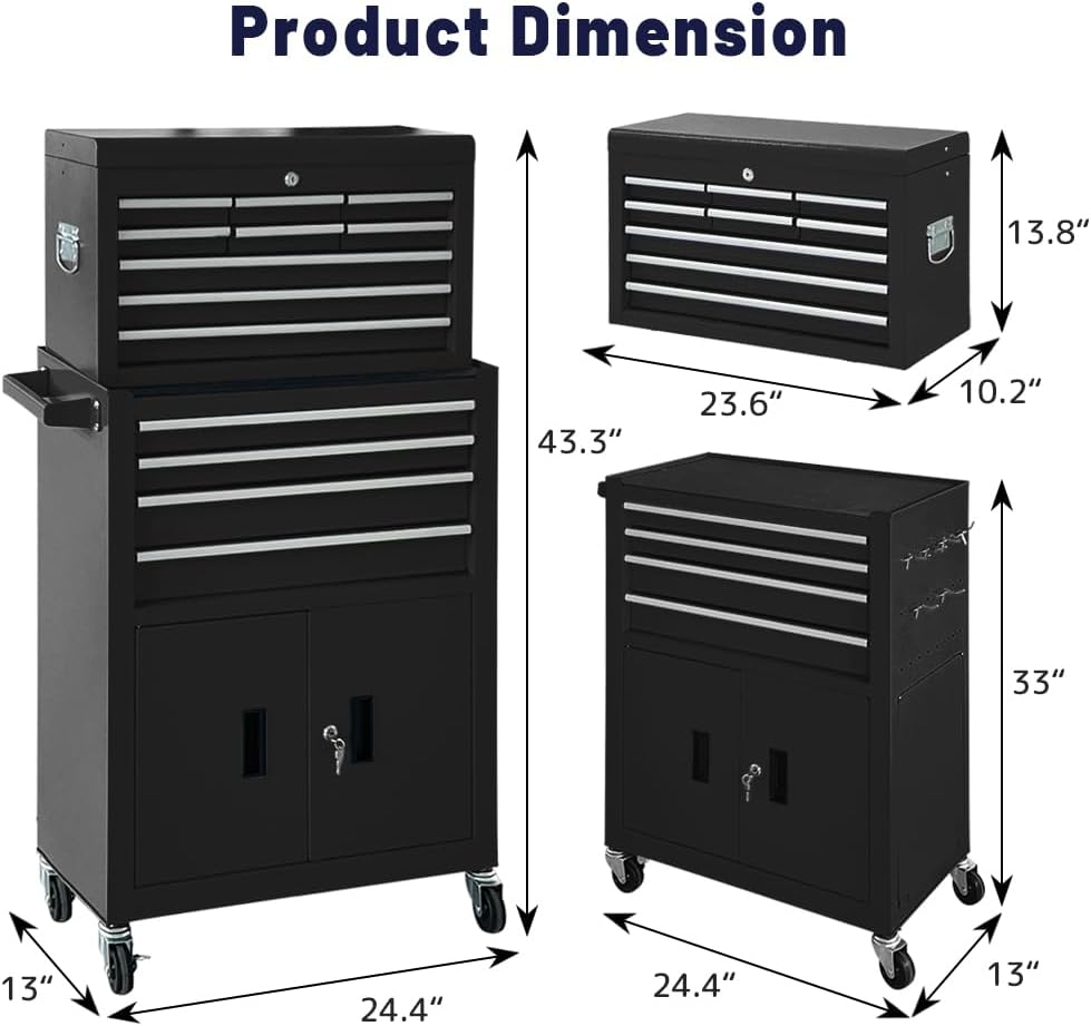 13-Drawer Rolling Tool Chest with Double Doors, 2 in 1 Detachable Rolling Tool Chest with Drawers, Mobile Tool Cabinet Combo, Metal Large Lockable Tool Box for Garage Workshop (Black) — product view 5