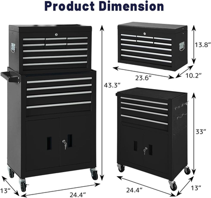 13-Drawer Rolling Tool Chest with Double Doors, 2 in 1 Detachable Rolling Tool Chest with Drawers, Mobile Tool Cabinet Combo, Metal Large Lockable Tool Box for Garage Workshop (Black) — product view 5