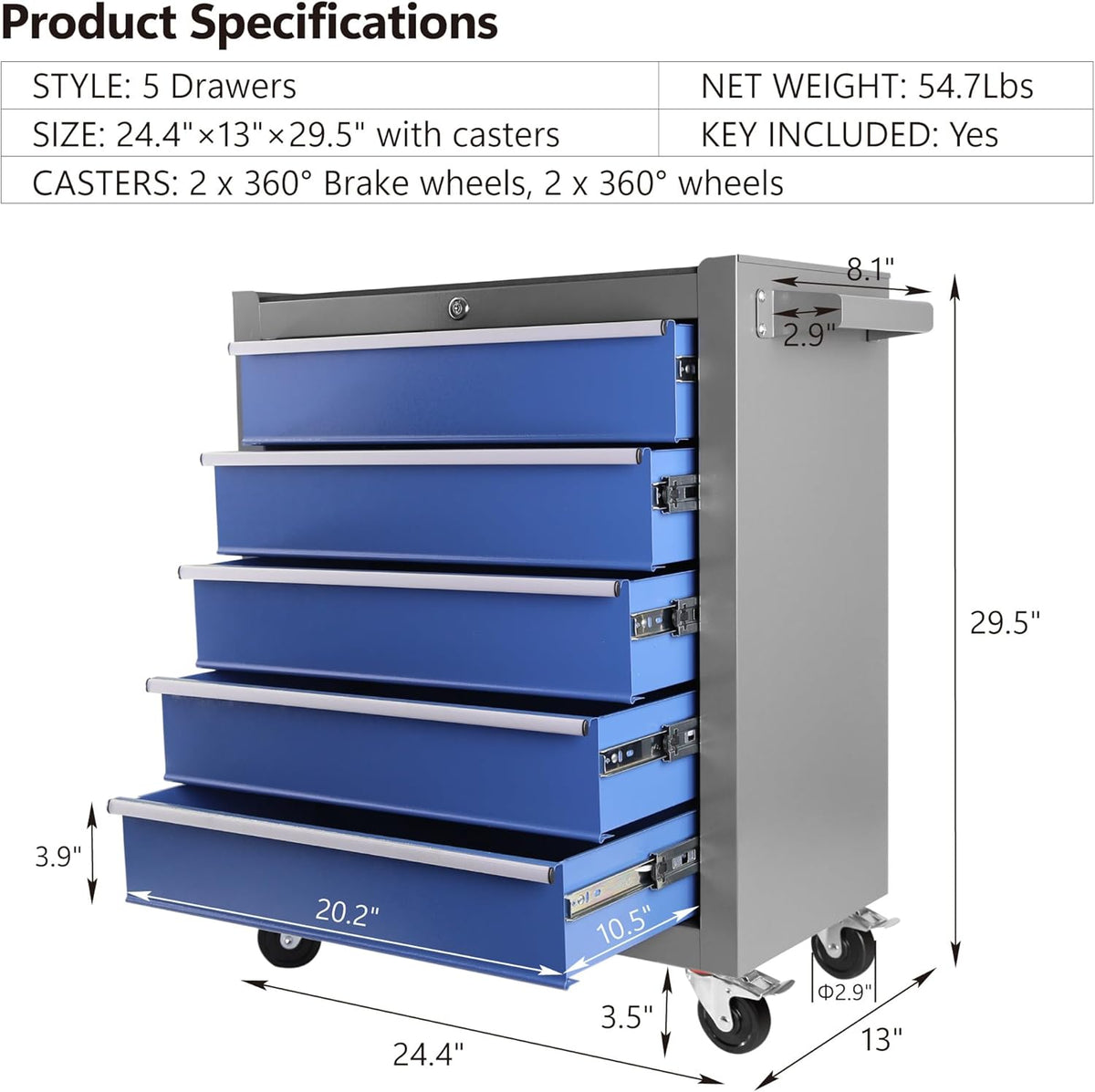5 Drawers Rolling Tool Chest with Wheels, Rolling Tool Chest, Portable Rolling Tool Box on Wheels, Tool Chest Organizer for Garage, Workshop, Home Crafts Use Blue as Shown — product view 2