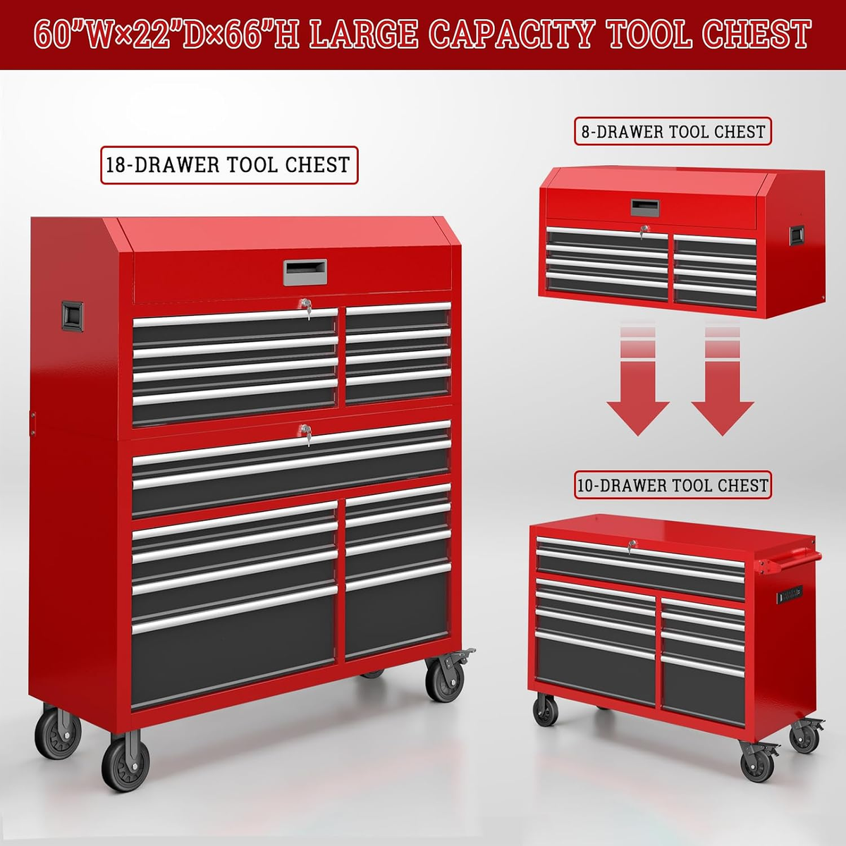 Tool Chest 18-Drawer | 66'' Large Rolling Tool Chest with Wheels | Detachable Top Metal Tool Box with Gas Struts | Lockable Rolling Tool Cabinet with Liners,Power Strip | Garage, Repair Shop, Workshop — product view 3